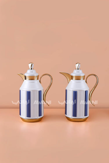 2-Piece Insulated Flask Set (1L + 1L) – White & Royal Blue with Gold Handle Accents