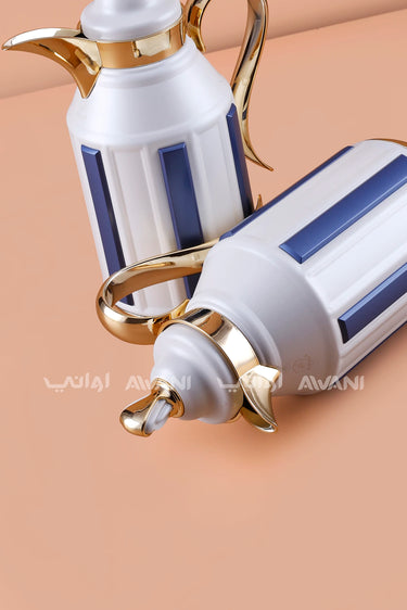 2-Piece Insulated Flask Set (1L + 1L) – White & Royal Blue with Gold Handle Accents