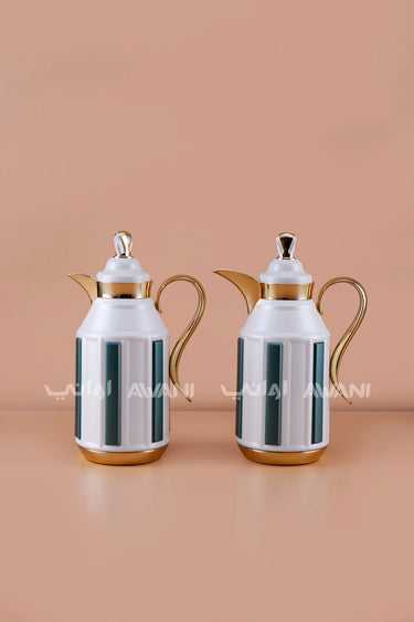2-Piece Insulated Flask Set (1L + 1L) – White & Emerald Green with Gold Accents