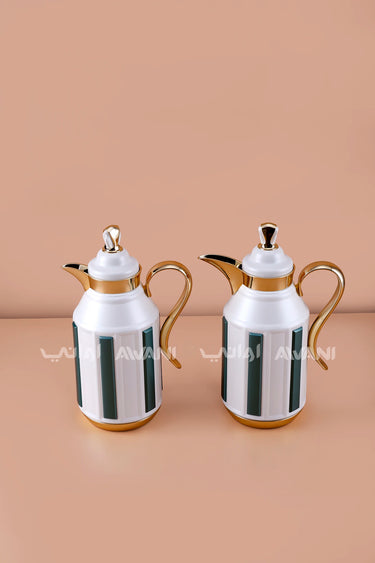2-Piece Insulated Flask Set (1L + 1L) – White & Emerald Green with Gold Accents