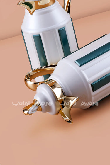 2-Piece Insulated Flask Set (1L + 1L) – White & Emerald Green with Gold Accents