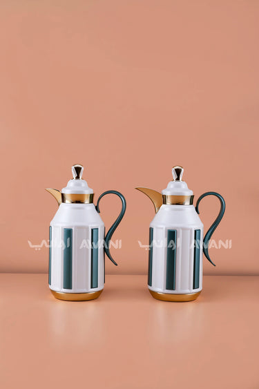 2-Piece Insulated Flask Set (1L + 1L) – White & Green Deep Teal with Gold Trim