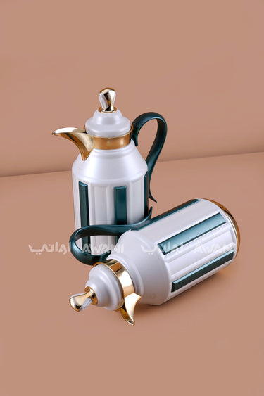 2-Piece Insulated Flask Set (1L + 1L) – White & Green Deep Teal with Gold Trim