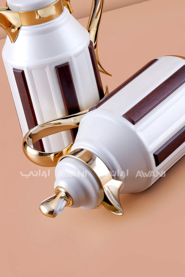 Flask Set (1L + 1L) – Elegant White & Wood-Grain Design with Gold Accents