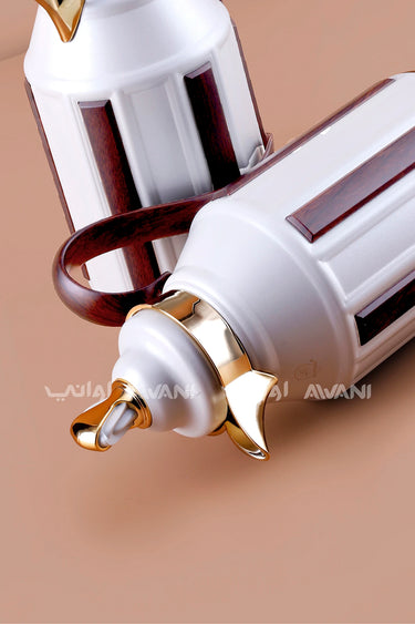 Thermal Flask Set (1L + 1L) – White & Gold with Wood-Finish Accents