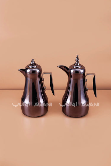Dark Brown Arabic Coffee & Tea Dallah Set with Black Handles – 1L + 1L