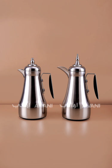 Matt Silver Arabic Coffee & Tea Dallah Set with Black Handles – 1L + 1L