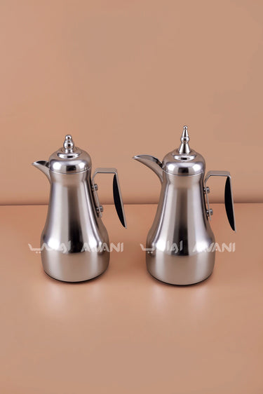Matt Silver Arabic Coffee & Tea Dallah Set with Black Handles – 1L + 1L