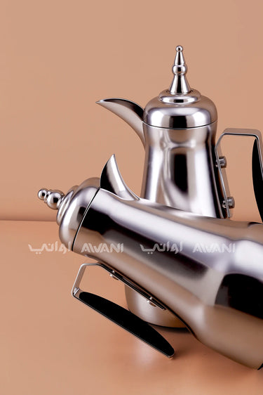 Matt Silver Arabic Coffee & Tea Dallah Set with Black Handles – 1L + 1L