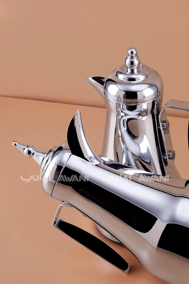 Silver Arabic Coffee & Tea Dallah Set with Black Handles – 1L + 1L