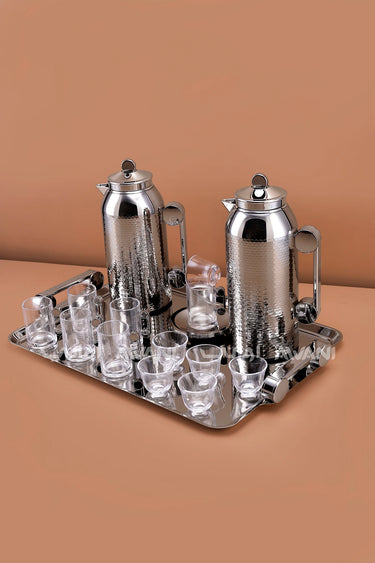 MAHRA 21 PCS FLASK  SET SERVER WITH TRAY ISTIKAN AND CAWA NICKEL SILVER COLOR