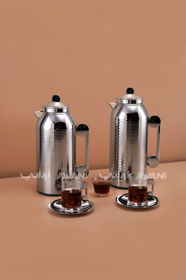 MAHRA 21 PCS FLASK  SET SERVER WITH TRAY ISTIKAN AND CAWA NICKEL SILVER COLOR