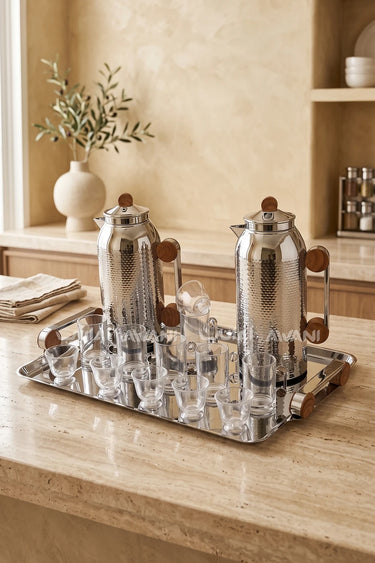 MAHRA 21 PCS FLASK SET SERVER WITH TRAY ISTIKAN CAWA CHROME + WOOD