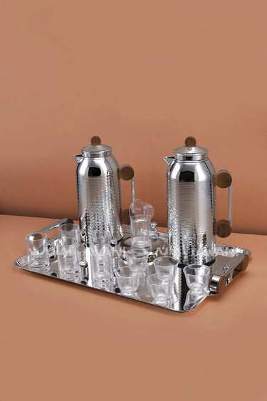 MAHRA 21 PCS SET OF FLASK, TRAY, ISTIKAN, CAWA TEA/COFFEE SET SILVER + WOOD