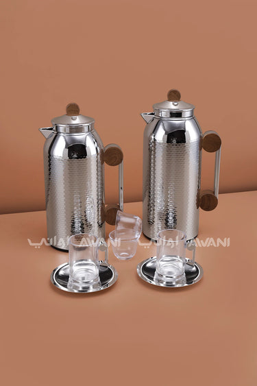 MAHRA 21 PCS SET OF FLASK, TRAY, ISTIKAN, CAWA TEA/COFFEE SET SILVER + WOOD