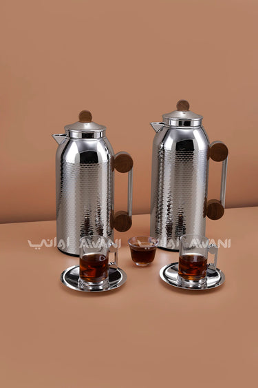 MAHRA 21 PCS SET OF FLASK, TRAY, ISTIKAN, CAWA TEA/COFFEE SET SILVER + WOOD