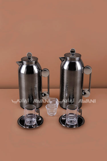 MAHRA 21 PCS FLASK SET SERVER WITH TRAY ISTIKAN CAWA GUN BLACK + SILVER COLOR