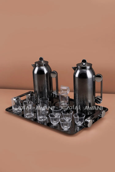 MAHRA 21 PCS FLASK SET SERVER WITH TRAY ISTIKAN CAWA GUN BLACK + SILVER COLOR