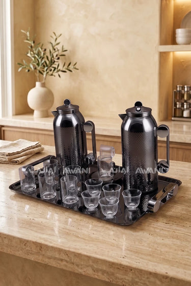 MAHRA 21 PCS FLASK SET SERVER WITH TRAY ISTIKAN CAWA GUN BLACK + SILVER COLOR