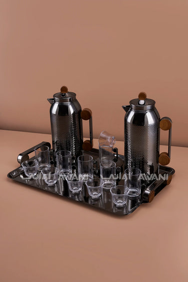 MAHRA 21 PCS FLASK SET SERVER WITH TRAY ISTIKAN CAWA  GUN BLACK SILVER + WOOD COLOR