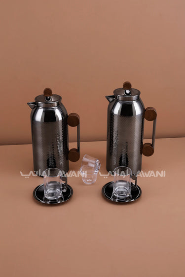 MAHRA 21 PCS FLASK SET SERVER WITH TRAY ISTIKAN CAWA  GUN BLACK SILVER + WOOD COLOR