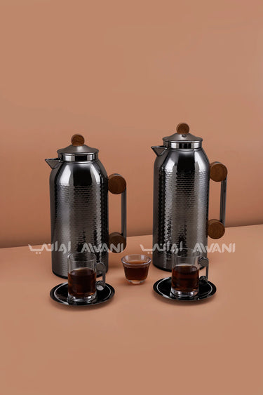 MAHRA 21 PCS FLASK SET SERVER WITH TRAY ISTIKAN CAWA  GUN BLACK SILVER + WOOD COLOR