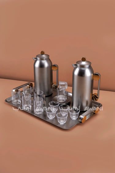 MAHRA 21 PCS FLASK SET SERVER WITH TRAY ISTIKAN CAWA MATTE NICKLE WITH GOLD COLOR
