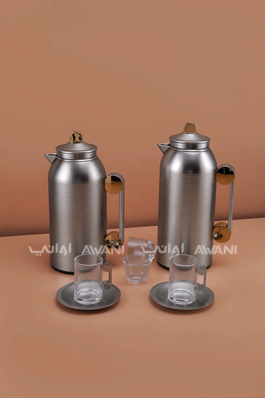 MAHRA 21 PCS FLASK SET SERVER WITH TRAY ISTIKAN CAWA MATTE NICKLE WITH GOLD COLOR