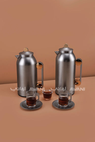 MAHRA 21 PCS FLASK SET SERVER WITH TRAY ISTIKAN CAWA MATTE NICKLE WITH GOLD COLOR