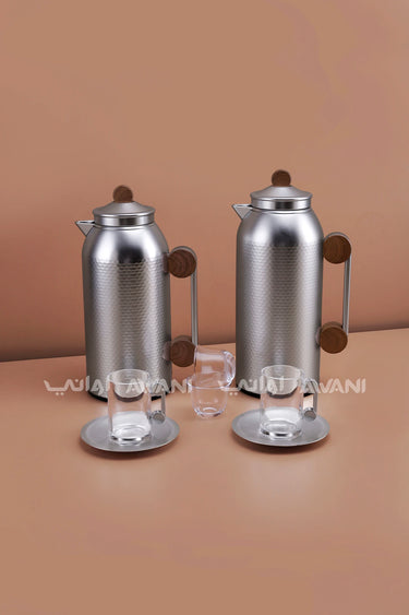 MAHRA 21 PCS FLASK SET SERVER WITH TRAY ISTIKAN CAWA MATTE SILVER + WOOD