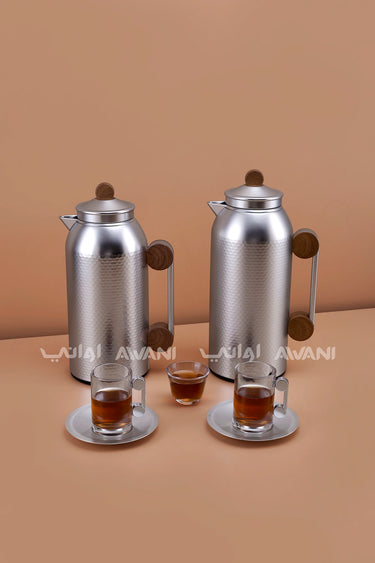 MAHRA 21 PCS FLASK SET SERVER WITH TRAY ISTIKAN CAWA MATTE SILVER + WOOD