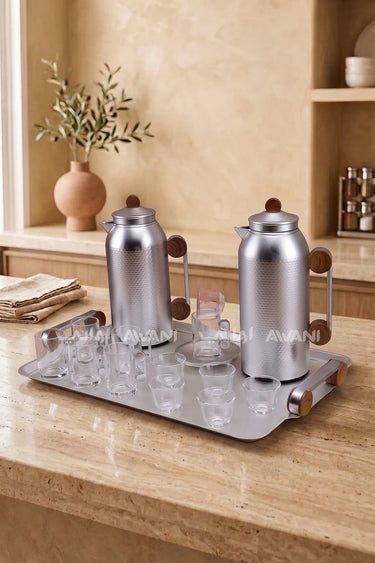MAHRA 21 PCS FLASK SET SERVER WITH TRAY ISTIKAN CAWA MATTE SILVER + WOOD