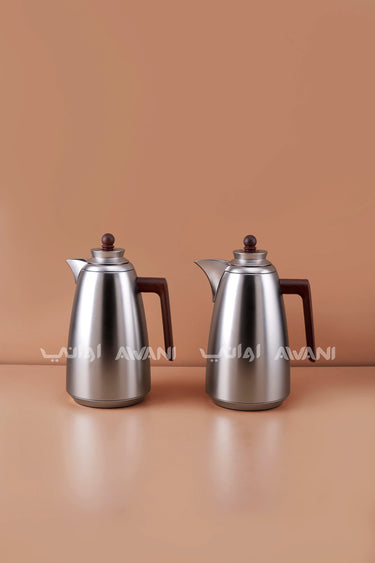 Vacuum Flask Set – 1L + 1L, Matte Silver with Brown Handles
