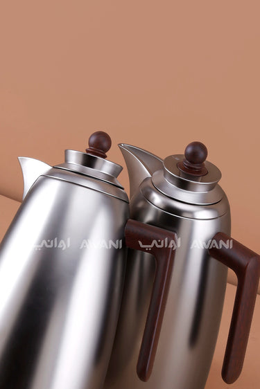 Vacuum Flask Set – 1L + 1L, Matte Silver with Brown Handles