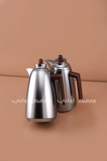 Vacuum Flask Set – 1L + 1L, Matte Silver with Brown Handles