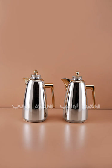 Vacuum Flask Set – 1L + 1L, Silver with Gold Handles