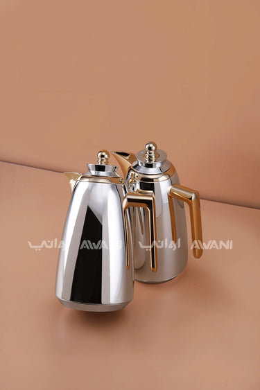Vacuum Flask Set – 1L + 1L, Silver with Gold Handles