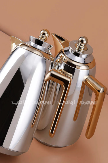 Vacuum Flask Set – 1L + 1L, Silver with Gold Handles