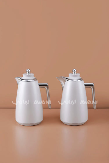 Vacuum Flask Set – 1L + 1L, Matte Pearl White with Silver Handles