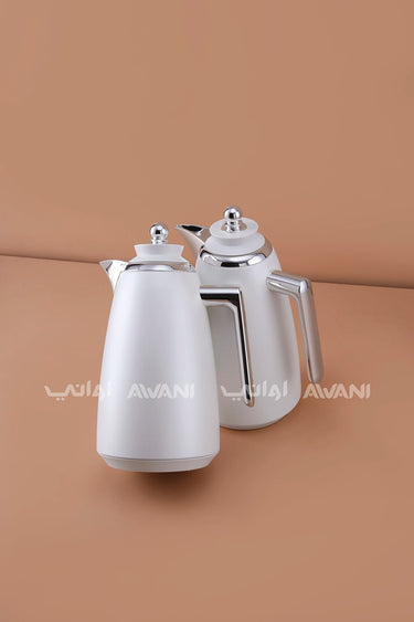 Vacuum Flask Set – 1L + 1L, Matte Pearl White with Silver Handles