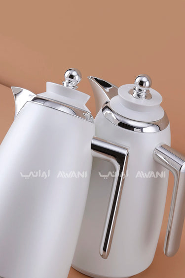 Vacuum Flask Set – 1L + 1L, Matte Pearl White with Silver Handles