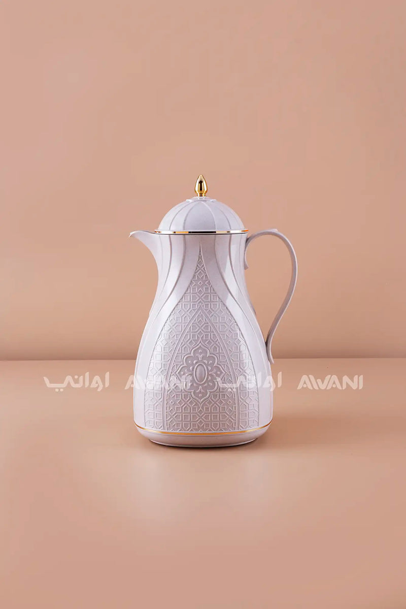 Rose Thermal Flask Set (1.3 L) – Insulated Tea Dallah Light Gray with Gold Accents