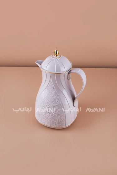 Rose Thermal Flask Set (1.3 L) – Insulated Tea Dallah Light Gray with Gold Accents