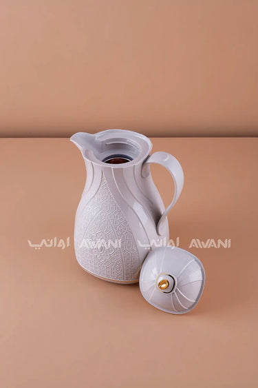 Rose Thermal Flask Set (1.3 L) – Insulated Tea Dallah Light Gray with Gold Accents