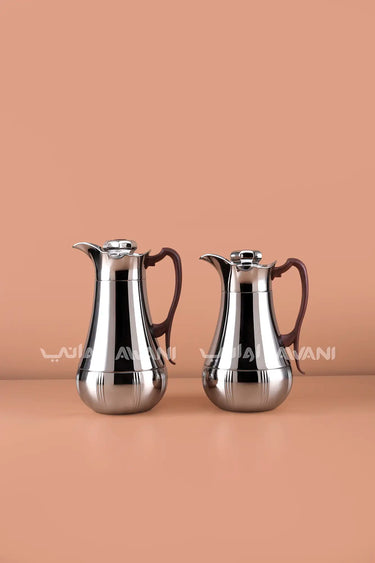 2-Piece Luxury Dallah Thermos Set with Silver Finish & Wooden Handles (1.0L & 0.7L)