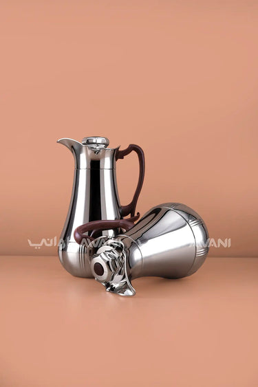 2-Piece Luxury Dallah Thermos Set with Silver Finish & Wooden Handles (1.0L & 0.7L)