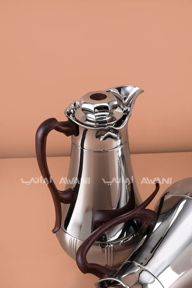 2-Piece Luxury Dallah Thermos Set with Silver Finish & Wooden Handles (1.0L & 0.7L)