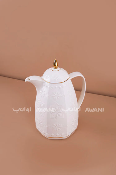 Arabian Rose Embossed Dallah – 1.5L - White with Gold Trim