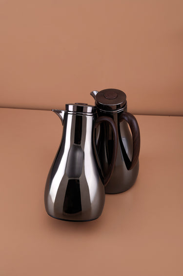 Thermal Vacuum Flask Set - 1.0L / 1.0L (Shiny metal / Dark Metallic Chrome & Wooden Handle)