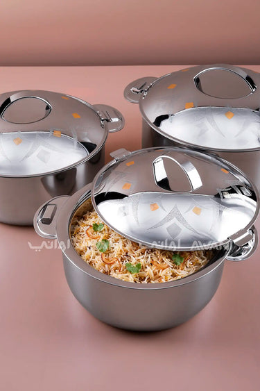 3-Piece Silver & Gold Stainless Steel Hot Pot Set – 2.0L, 2.5L & 3.5L